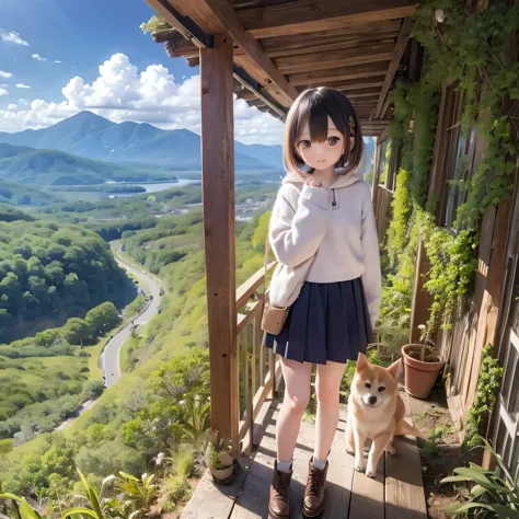 shiba inu girl countryside landscape(((
a tall mountain)))