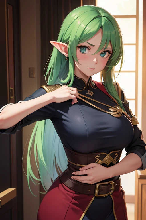 um close de uma mulher com cabelo verde e vestido preto, artegerm e Rossdraws, estilo artegerm, artegerm extremamente detalhado, artegerm lau, personagem dnd de garota goblin, tom de pele verde,in the estilo artegerm, estilo artegerm, Krenz Cushart e Artegerm, modelo uniforme | artegerm, inspirado em rossdraws