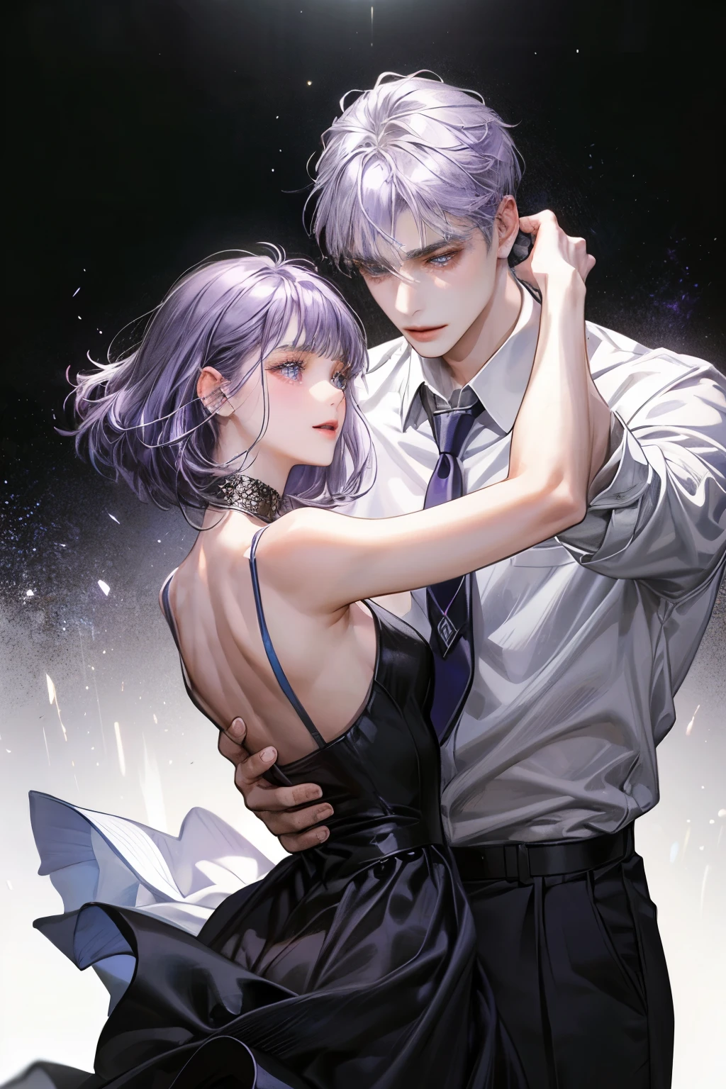 white background、((Man with purple hair))、droppy eyes、blue eyeole on face、man in white shirt、Short-haired man、Handsome guy、chest、center parting man、black slacks、smile、16 year old male、adult woman、woman in a black dress、long hair girl、men and women dancing the waltz、man and woman hugging each other、brown hair girl、beautiful boy、girl with bangs、detailed face、clear face