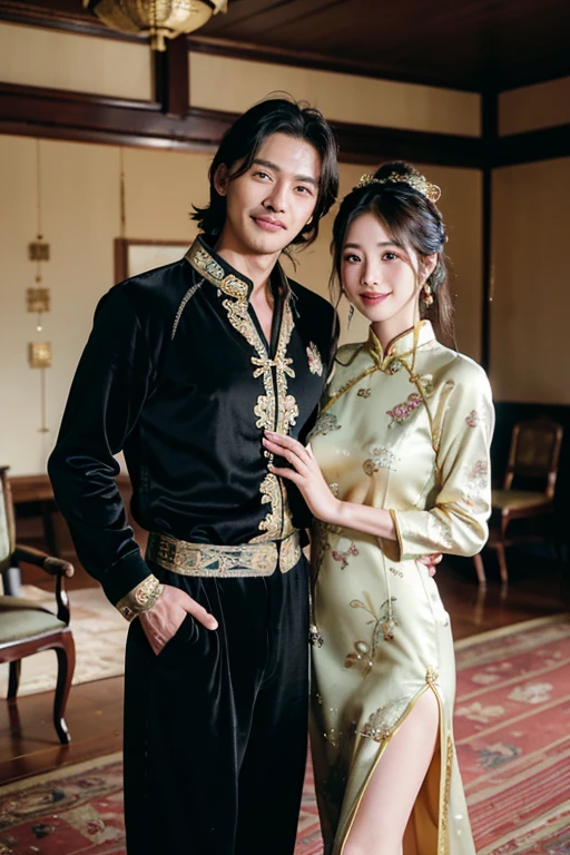 ((best quality)), ((masterpiece)), (detailed), perfect face、Enchanted body

((Satomi Ishihara、female、best proportions、Satomi Ishihara、semi-long、cheongsam、hair ornaments、古代China髪型、earrings、China Hairstyle、necklace、bangles、黒cheongsam、luxury accessories、black cheongsam dress、vintage、gold embroidery、black clothes、Long slit、smile、wife、Satomi Ishihara)）

((China人、male、Lovers、smile、love、husband))

China、marriage、marriage式、Ring exchange、Disclosure banquet、Ceremony hall、Engagement Rings、Chinese hat