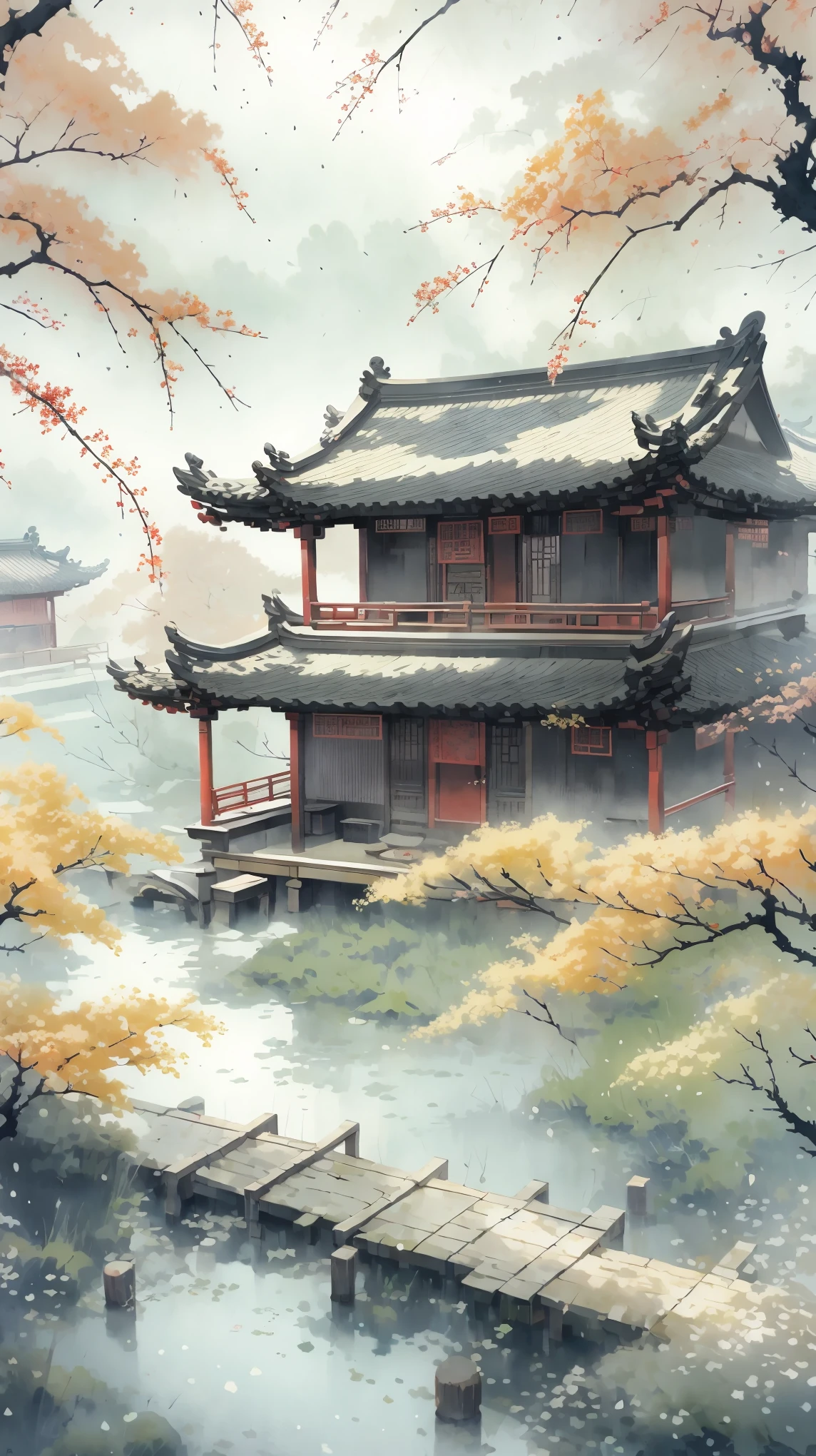 ancient style illustration chinese watercolor landscape painting watercolor river maple leaves autumn chinese landscape bare tree branches day flowers and leaves no humans outdoors overgrown plants landscape tree maple water, masterpiece, recent quality, best details, beauty