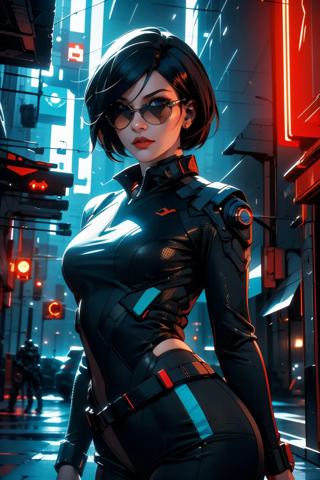 Waist up hot beauty woman (masterpiece) with bob short black hair, best quality, expressive eyes, perfect face, wearing a tight detailed ornad sci-fi cyberpunk combat plugsuit & sunglasses, sharp focus