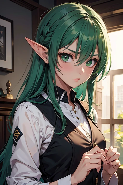 a close-up of a woman with green hair and a black dress, artegerm e Rossdraws, artegerm style, artegerm extremamente detalhado, artegerm lau, goblin girl dnd character, green skin tone,"monster girl",Green female goblin,in the artegerm style, artegerm style, Krenz Cushart e Artegerm, uniform model | artegerm, inspirado em rossdraws