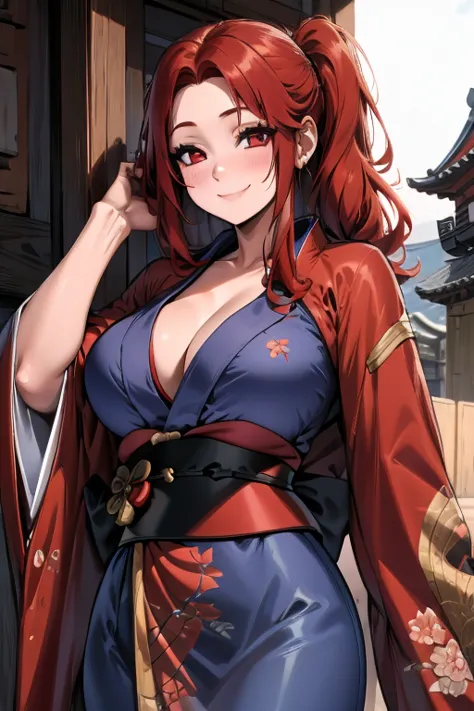 A red haired woman with red eyes with an hourglass figure in a conservative traditional kimono is leaning forward with a smile d...