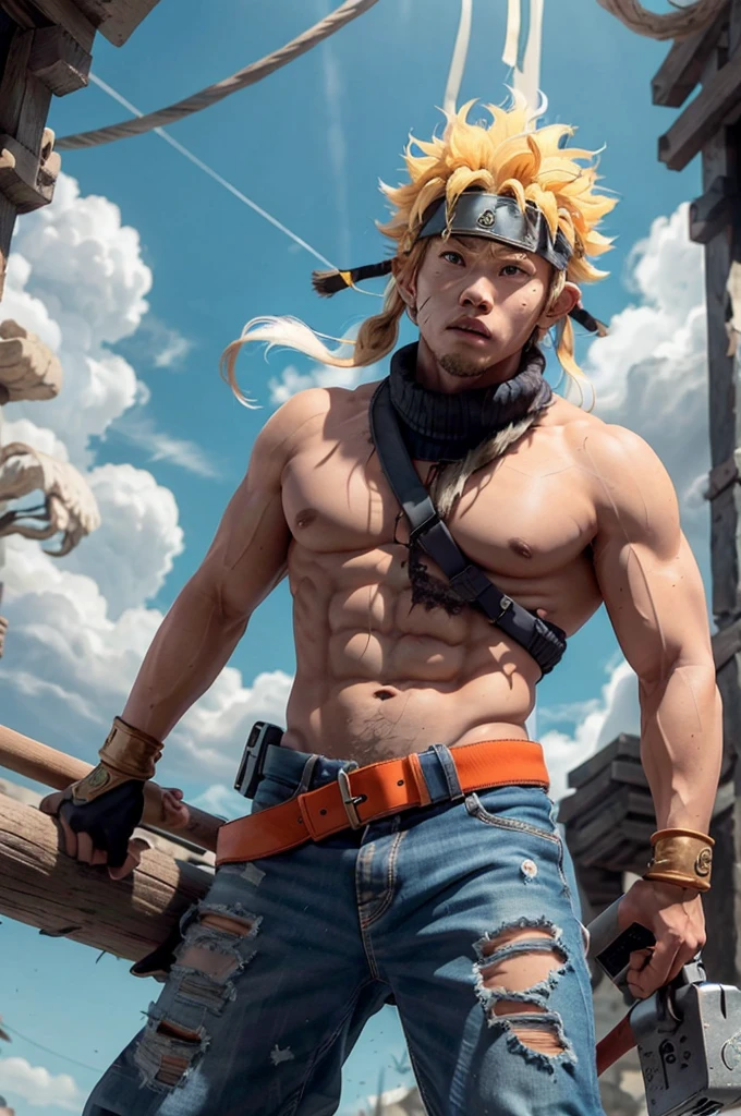 Sun Wukong，1Boya Focus，Big muscular man，rock，belt，Serious，solo，sparrow hair，shirtless male，torn clothes，Ultra Instinct，black eyes，combed blonde hair，（（masterpiece））