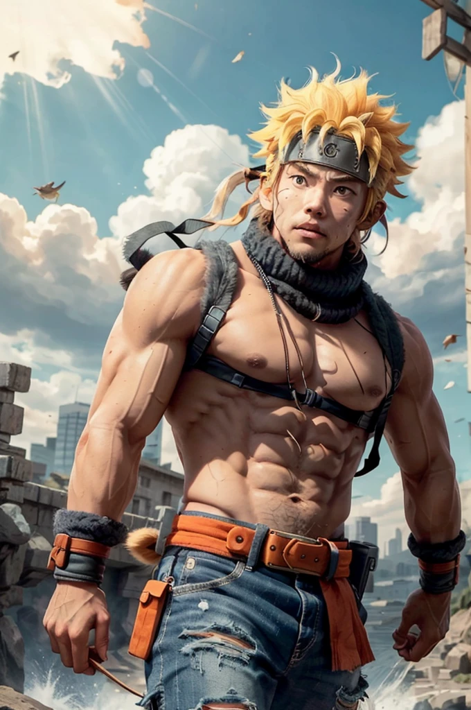 Sun Wukong，1Boya Foco，grande homem musculoso，pedra，cinto，Sério，Sozinho，cabelo de pardal，homem sem camisa，roupas rasgadas，ultra instinto，olhos pretos，cabelo loiro penteado，（（obra de arte））