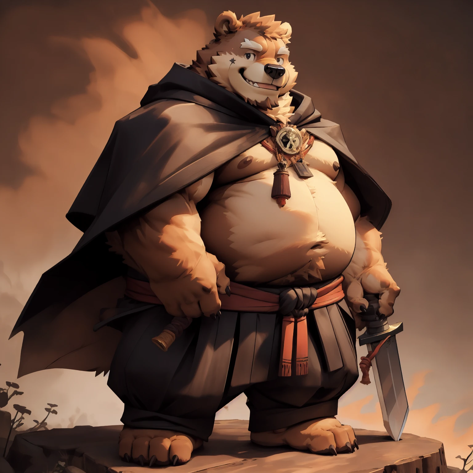 New Jersey 5 Hairy, Bear，thick eyebrows，Full body portrait of an individual,exquisite， chubby，Fat，thick arms，Rugged muscles，plush fur，cloak，samurai pants，Great sword，Smile