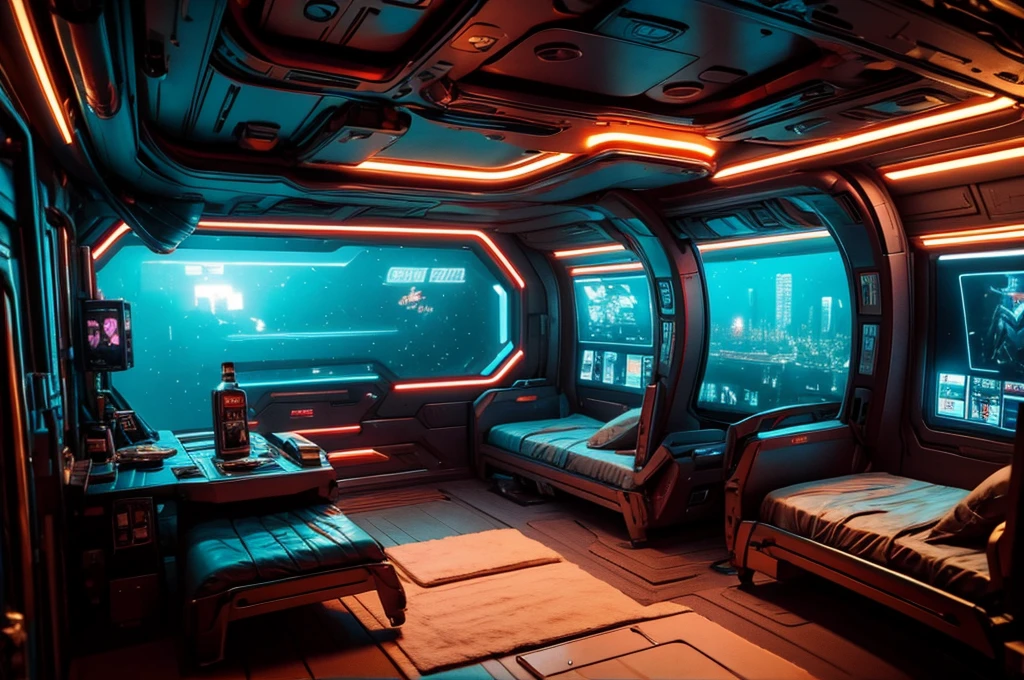 A room with a view of a sci-fi high room, with several ships outside. Inspirado em Cyberpunk 2077 e BladeRunner 2049.
