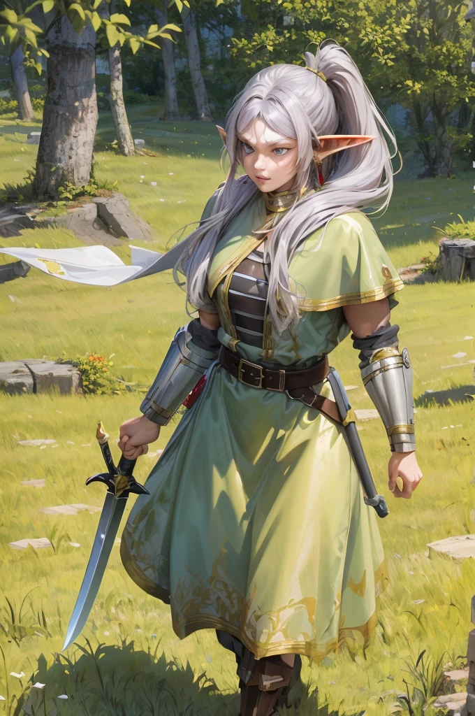 8K, best quality, masterpiece, Very detailed, Semi-realistic, 1 girl, aldult, 20 years old, long hair, high ponytail, Bangs, sword in hand, Elf，(Caught by orcs:1.3), struggle, angry