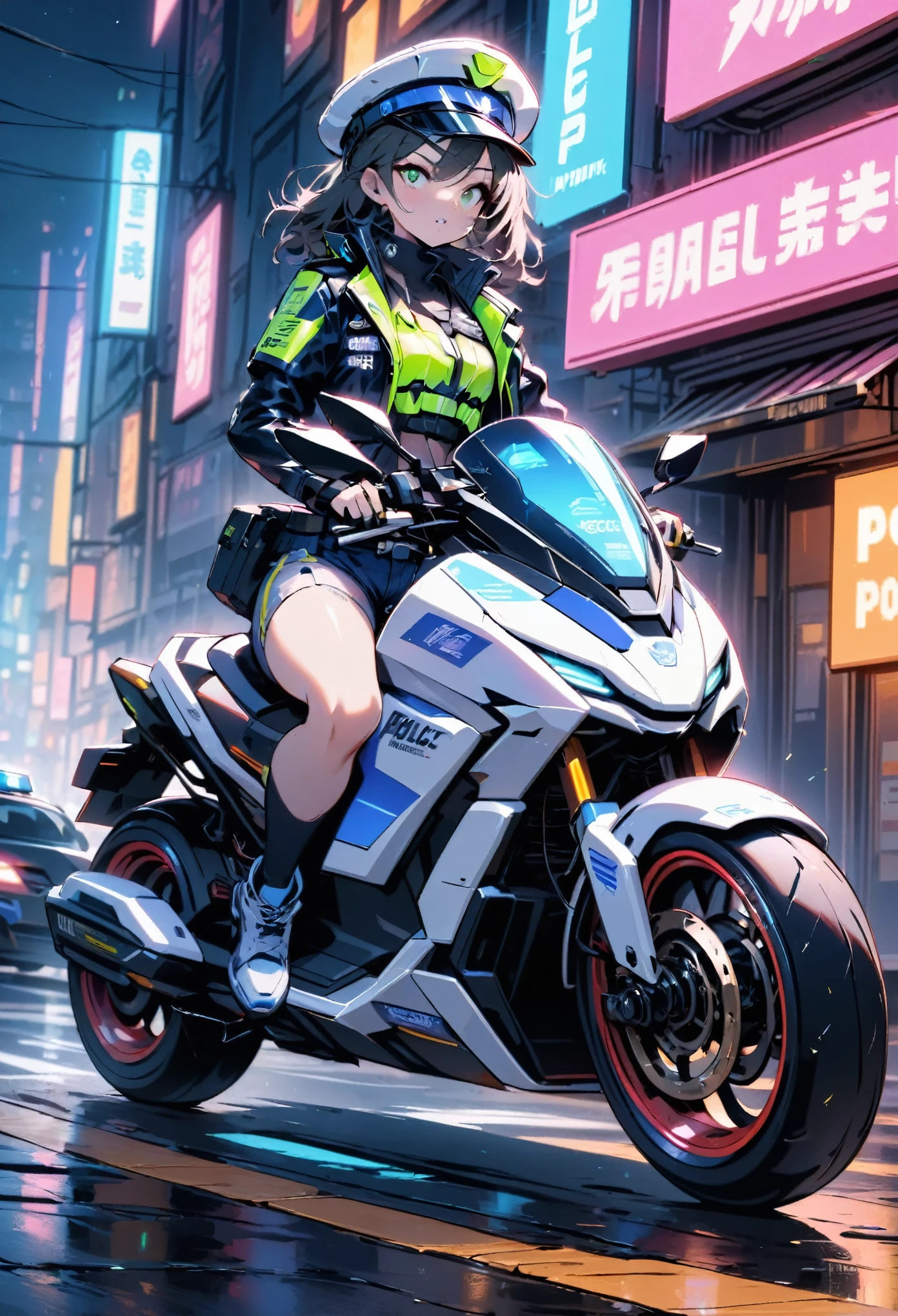 Schöne Frau mit mittellangem Haar, einen Hut tragen, Cyberpunk shorts, cyberpunk police woman, Wildfang, Verkehrspolizei, (Fahre ein futuristisches Polizeimotorrad 1.0), Polizei-Hovercycle-Patrouille, Nacht, Neon