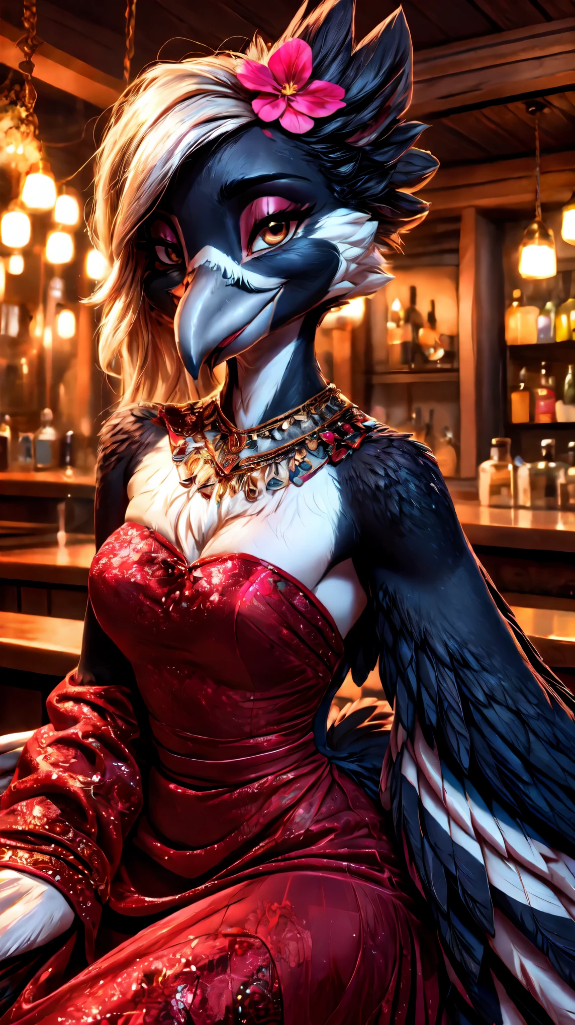 (((chibi))),((jewelry)),((full body)),(((anthro magpie))),(((Bar))),((Lover-like relationship)),((racy Dress)),smile,((flower hair ornament)),female, ((((winged-arms)))),((sitting)),((wine bottle)),portrait, Medium breasts, beak,cute,Super high quality,masterpiece,heart shaped pupils,(highest quality,4k,8K,High resolution,masterpiece:1.2), Super detailed, HDR, UHD, studio lightning, ultra-fine goodinting, sharp focus, Physically based rendering, extrine detail description, Professional, Bright colors, Bokeh, (in) you bring, landscape, photograph, concept artist (Style), (with) vibrant color goodlette, (good) soft lighting