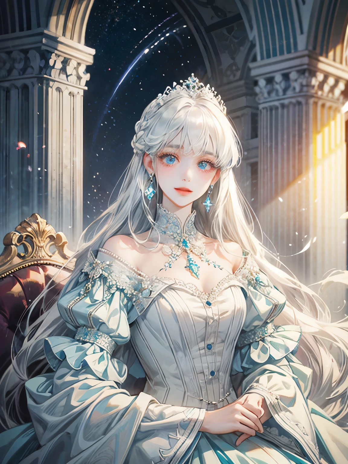 Princess in white dress、white hair、light blue、palace、pretty girl、beautiful、shine、droopy eyeole、ｍore、transparency、detailed face、（High quality）、long hair、smile