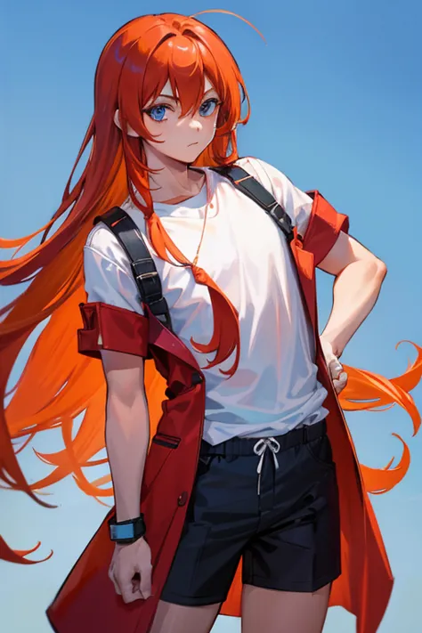 1boy, orange red hair with, long hair, blue eyes, stylish clothes