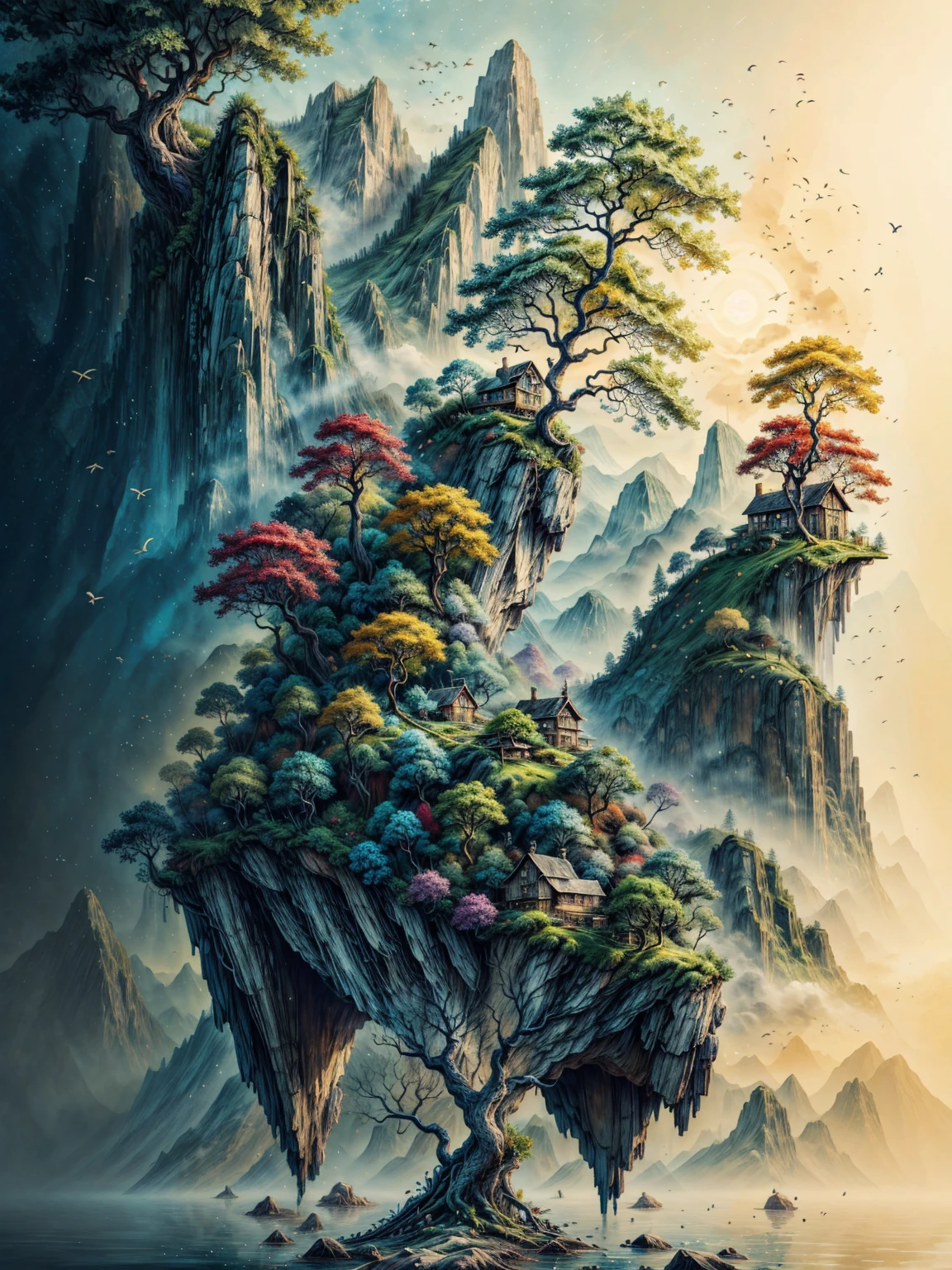 a painting of a small island with a tree and a house on it, 4k highly detailed digital art, 4k detailed digital art, 4k detailed art, detailed painting 4 k, beautiful art uhd 4 k, 4 k highly detailed art, highly detailed 4 k art, 8k stunning artwork, scenery artwork, 4k fantasy art, detailed 4 k painting