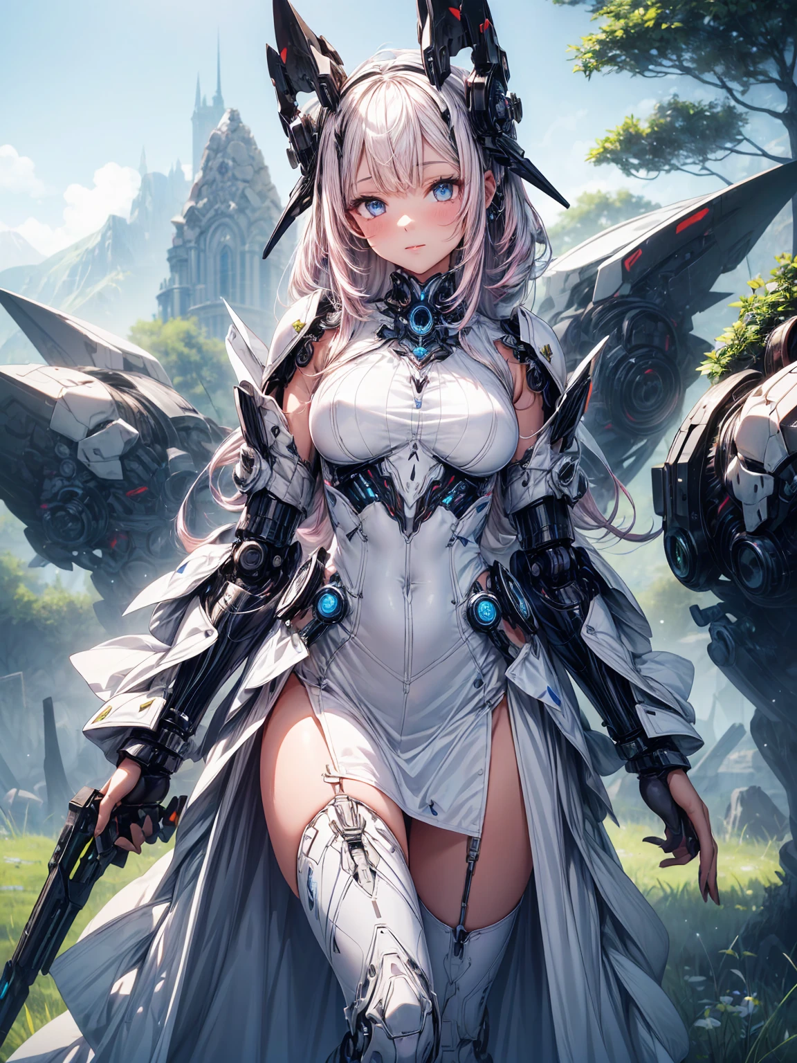 (1 girl: 1.0),
(25 years old:1.0), (medium breasts: 1.2),  (pink medium hair:1.0),
(beautiful face:1.1), (Clear blue little eyes: 1.0), (cybernetic gynoid: 1.0), (highly elaborate mech suit:1.0),
(white gothic cuirass:1.0), (doll joints: 1.0), (white luxurious modest wizard dress skirt:1.1),
(decorative embroidery:1.0), (white luxury dress:1.1), (背中には天使の羽There is:1.3), (Flight:1.1), (soft smile:1.0),
An image of a female android Flight low over an undulating grassy field. the mountain behind her々々There is, blue sky and lake. Shining in the midday sunlight from directly above.
highest quality, masterpiece, (watercolor style:1.2)
