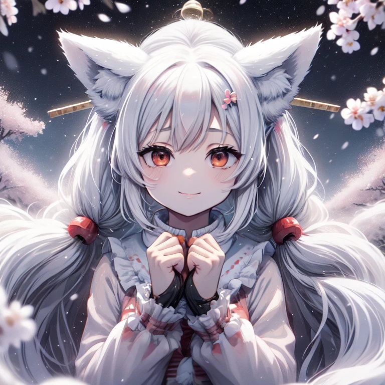 1 girl, , long hair, low twin tails, fuzzy twin tails, white hair, fox ears, animal ear fluff, Fox Eyes, cherry blossoms, spring,night, portrait, whole body，shrine，Red and white striped collar，bell，cherry blossoms吹雪，Fluffy，fox tail，Fried tofu，smile，Raw photo