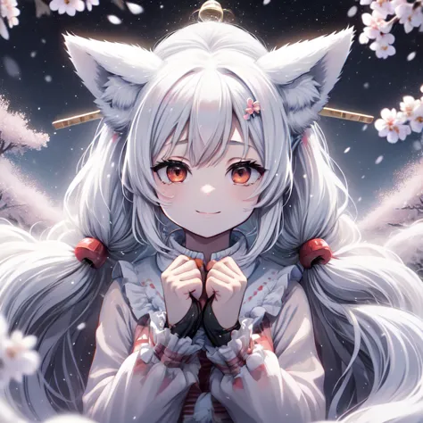 1 girl, , long hair, low twin tails, fuzzy twin tails, white hair, fox ears, animal ear fluff, Fox Eyes, cherry blossoms, spring...