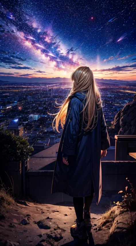 １people々々々々,blonde long hair，long coat，silhouette， rear view，space sky, milky way, anime style, night view of the city from the ...