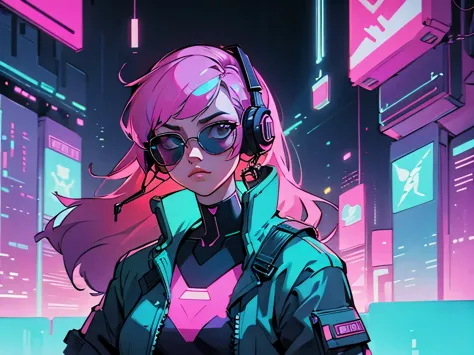 cyberpunk style、neon cityscape、1980s american synth wave vibe、beautiful woman with long hair、wearing sunglasses and headphones、i...