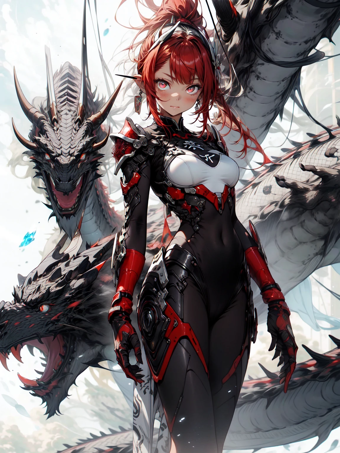 be realistic，（masterpiece，highest quality，highest quality，very detailed，fractal art，most detailed，（abstract background：1.5）（1 girl），Kamimei，（Redhead Ponytail），（red eyes shine、breasts get bigger，stunned)，Abyss Stick、crystallization，high leotard、sexy、machine armor、tanned skin、Dragon horn、mechanical dragon tail