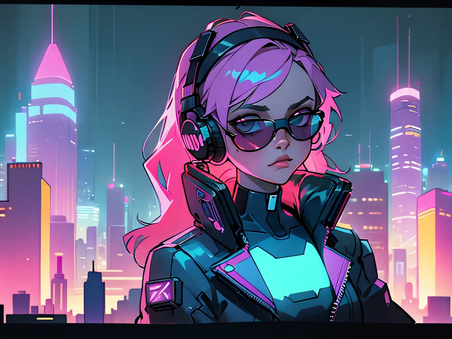 cyberpunk style、neon cityscape、1980s American synth wave vibe、Beautiful woman with long hair、Wearing sunglasses and headphones、row of skyscrapers