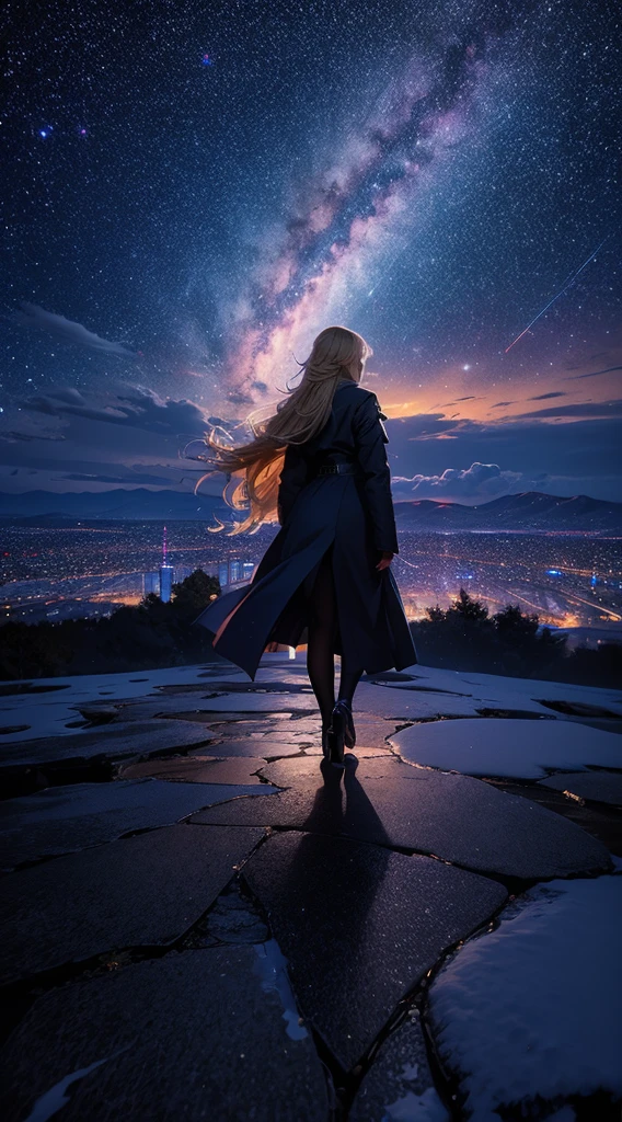 １people々々,blonde long hair，long coat，silhouette， Rear view，space sky, milky way, anime style, dancing petals，Night view of the city from the mountainside，