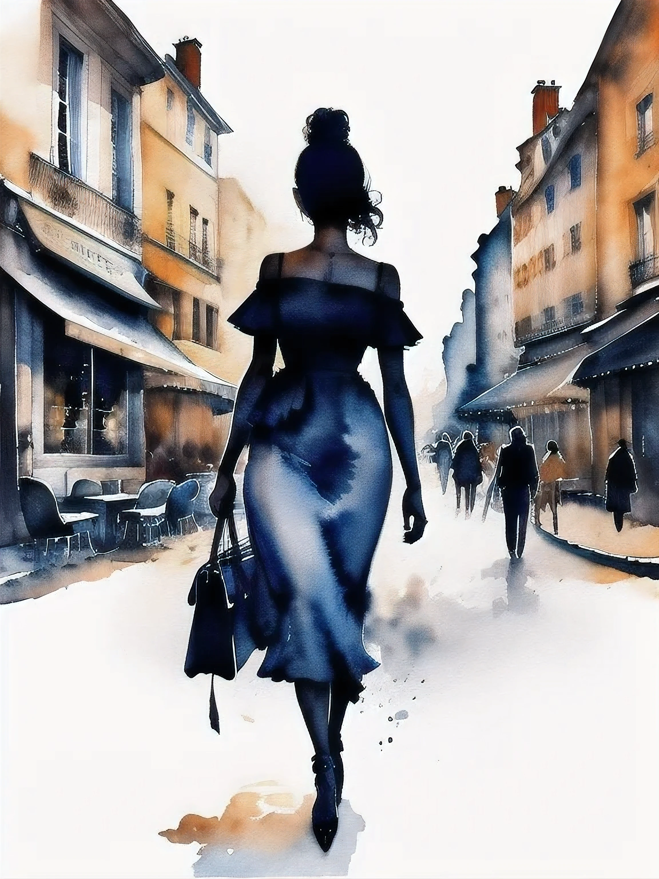 rough sketch, Thick outlines, simplified silhouette,female,Slim tail,Walking along the streets of Paris with cafes,Bold watercolor painting