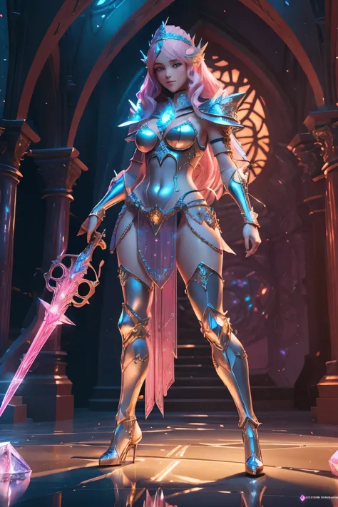 beautiful alluring female knight, long pink curly hair, blue eyes, smiling, pink crystal skimpy lewd bikini armor made entirely ...