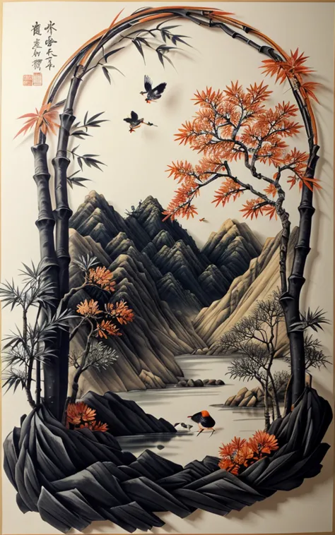 shukezouma, shuimobysim, ((starling)), willow branches, (masterpiece, best quality: 1.2), ((Traditional Chinese ink painting)), ...