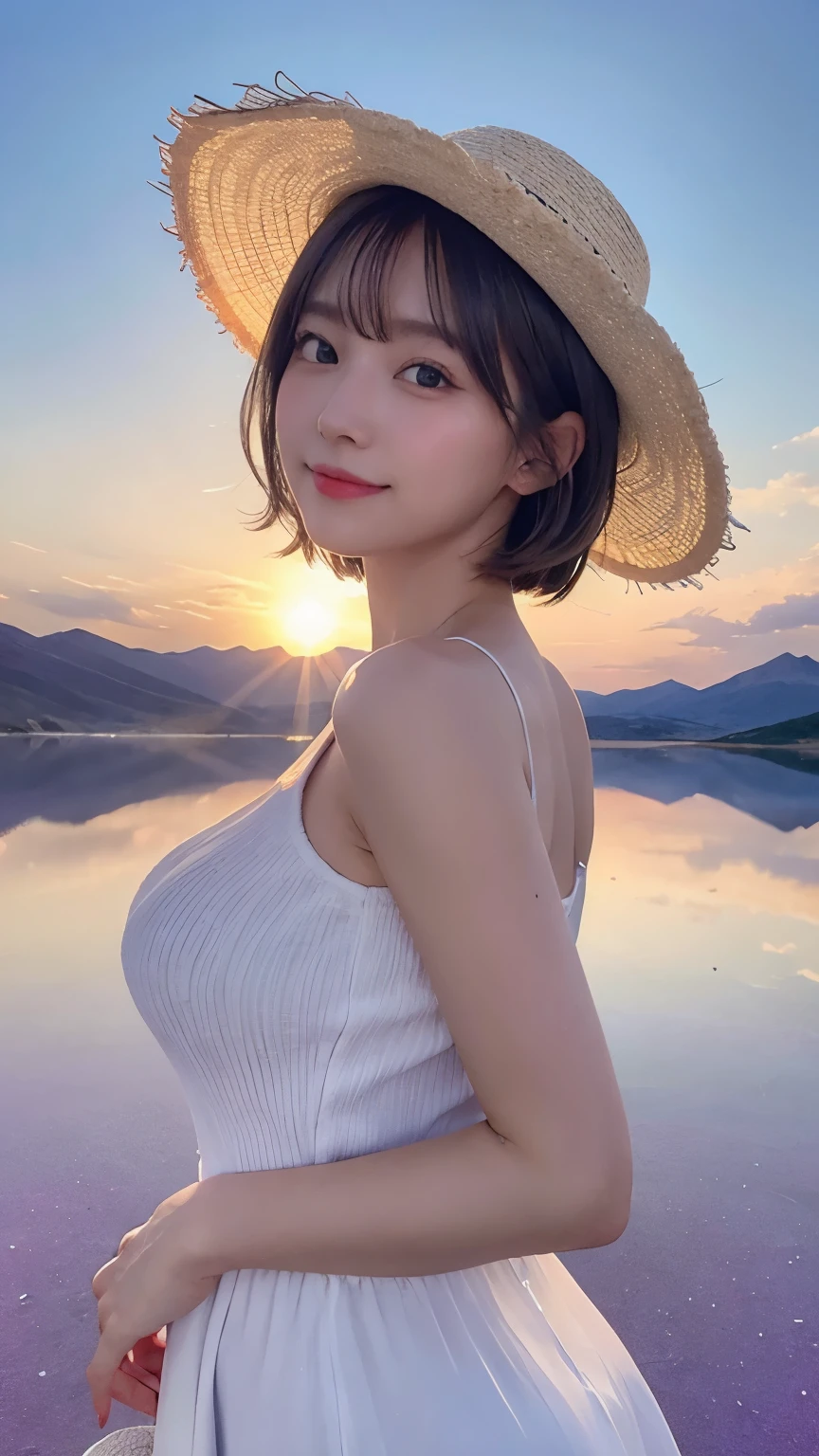 1 girl, masterpiece, very detailed, (beautiful delicate shine), Lens flare, gray hair, short hair, floating hair, think back, Back, back, smile, blue eyes, white dress, medium breasts, Upper body, wide shot, straw hat, ((Uyuni salt lake)), sunrise, cloud, Backlight, purple sky, yellow sky, gradation sky, Put your hand on the hat,huge breasts,looking at the viewer