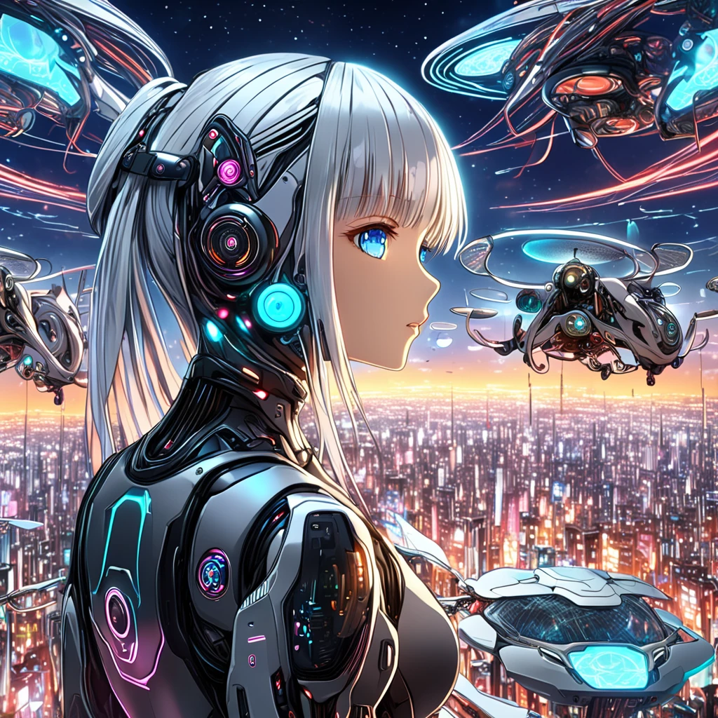 (최상의 품질、걸작、높은 해상도、상세한)、{(매우 아름다운 소녀:1.5),(사이버펑크 복장:1.5)}、편물,sdxl,로봇、、(가상공간:1.3),、인공지능（일체 포함）、(새로운 시대의 일본:1.4)、(무인 비행기),VR,와 함께,클론,생명공학,
(똑똑한)・(하늘을 나는 자동차:1.2),((인간과 기계의 공생)),（사이보그）, 화려한、파란 눈、은발、상세한顔、상세한体、(아름다운 애니메이션)、非常に상세한自然風景、 8K 해상도  、동적 각도、애니메이션 스타일