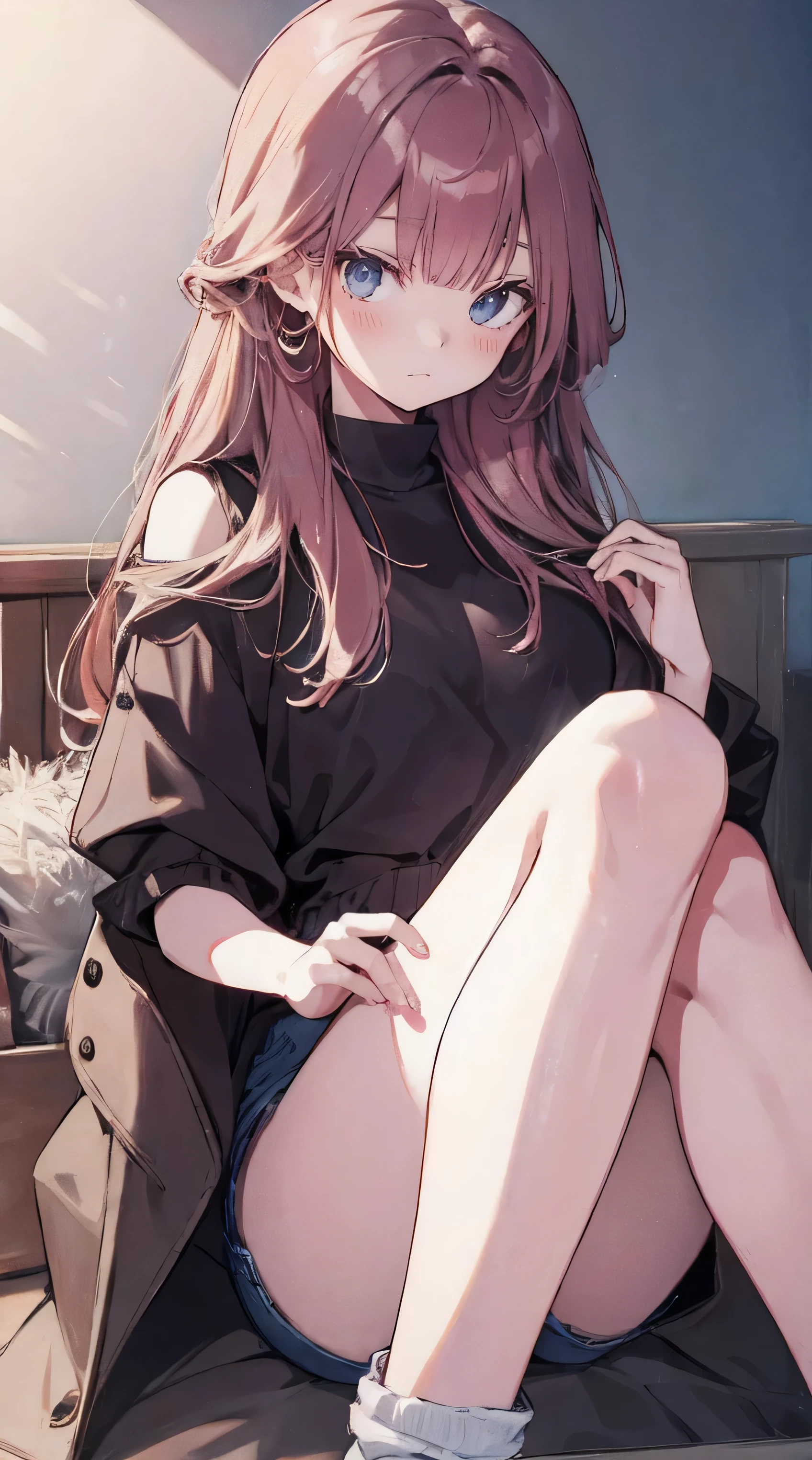 Anime girl sitting on a bench with her legs crossed - SeaArt AI