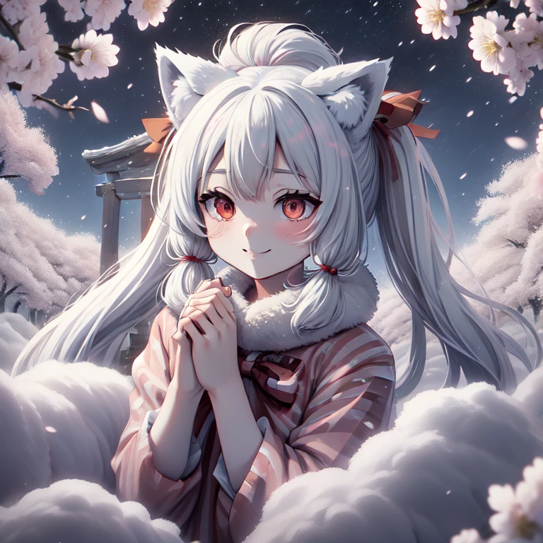 1 girl, , long hair, low twin tails, fuzzy twin tails, white hair, fox ears, animal ear fluff, Fox Eyes, cherry blossoms, spring,night, portrait, whole body，shrine，Red and white striped collar，Bell in hand，cherry blossoms吹雪，Fluffy，fox tail，smile，Raw photo，buckshot