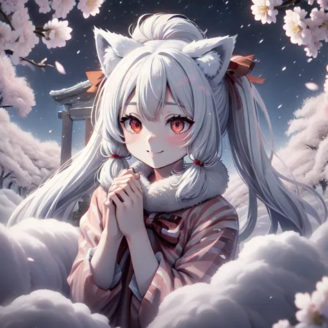 1 girl, , long hair, low twin tails, fuzzy twin tails, white hair, fox ears, animal ear fluff, fox eyes, cherry blossoms, spring...