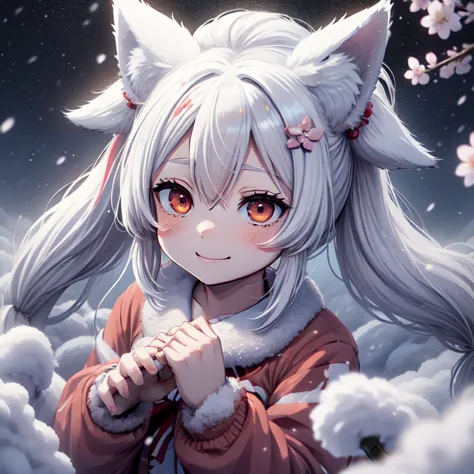 1 girl, , long hair, low twin tails, fuzzy twin tails, white hair, fox ears, animal ear fluff, fox eyes, cherry blossoms, spring...