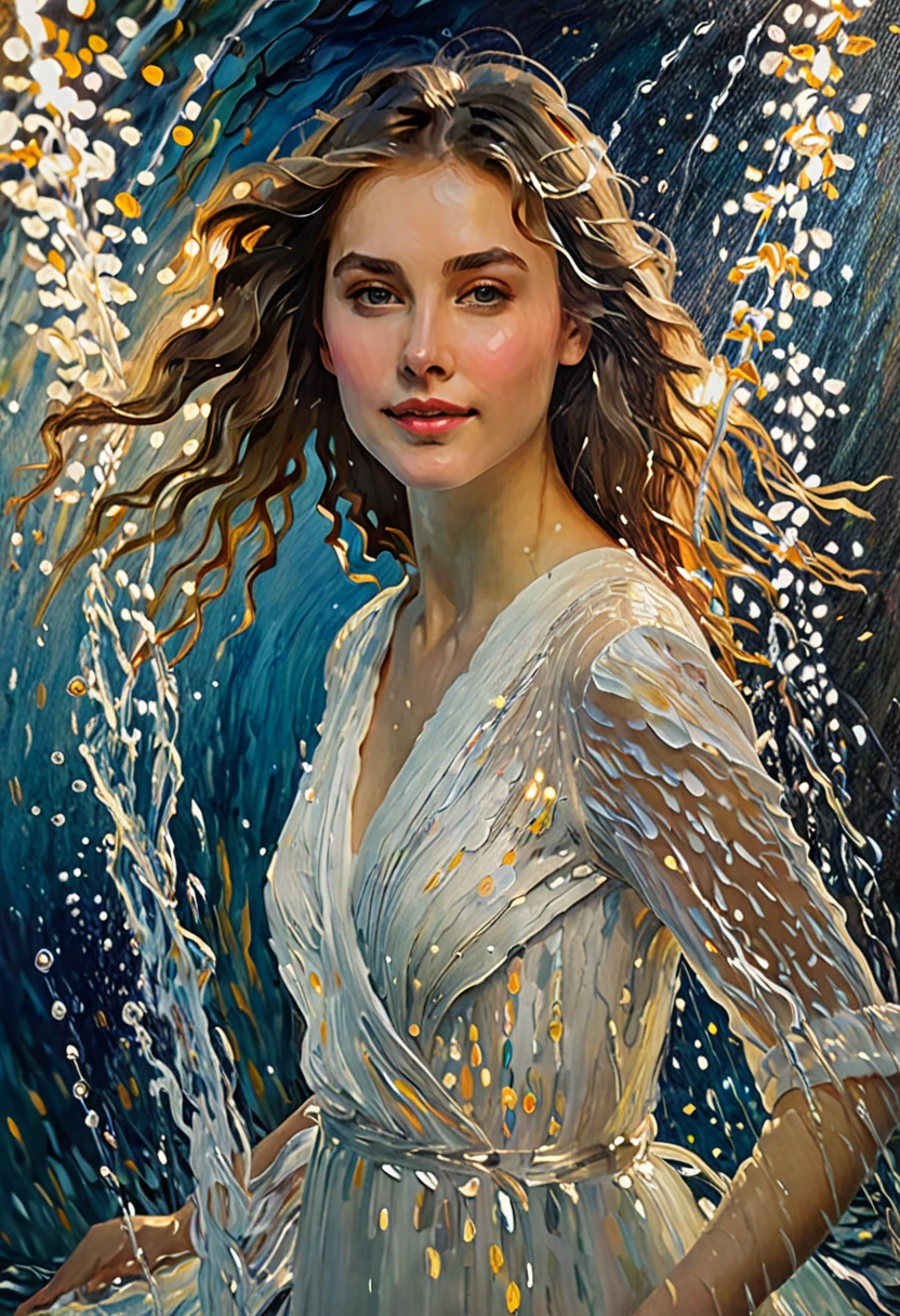 Oil painting,A beautiful girl, graceful, aesthetic, in abstract water, solo, light particles, rotating lights, looking at viewer, bloom, romanticized, detailed, 8K, best quality, masterpiece, high resolution