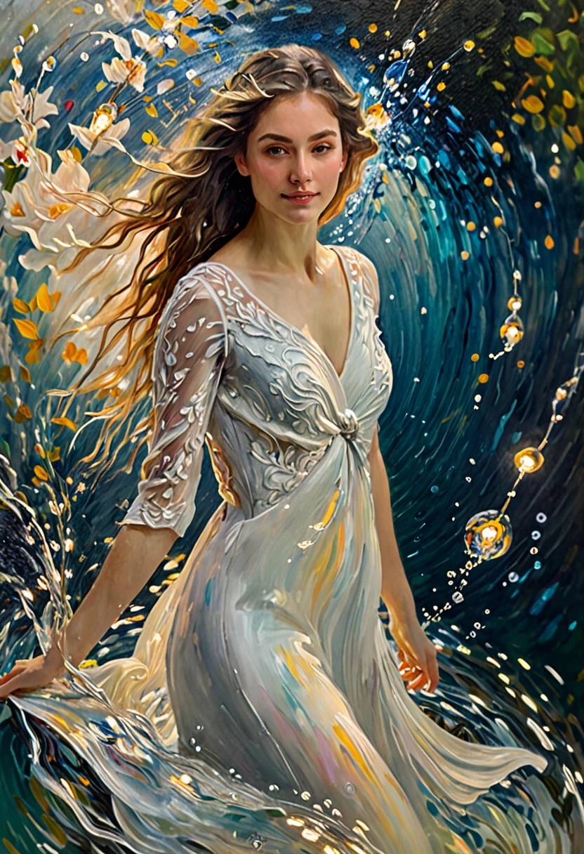 Oil painting,A beautiful girl, graceful, aesthetic, in abstract water, solo, light particles, rotating lights, looking at viewer, bloom, romanticized, detailed, 8K, best quality, masterpiece, high resolution