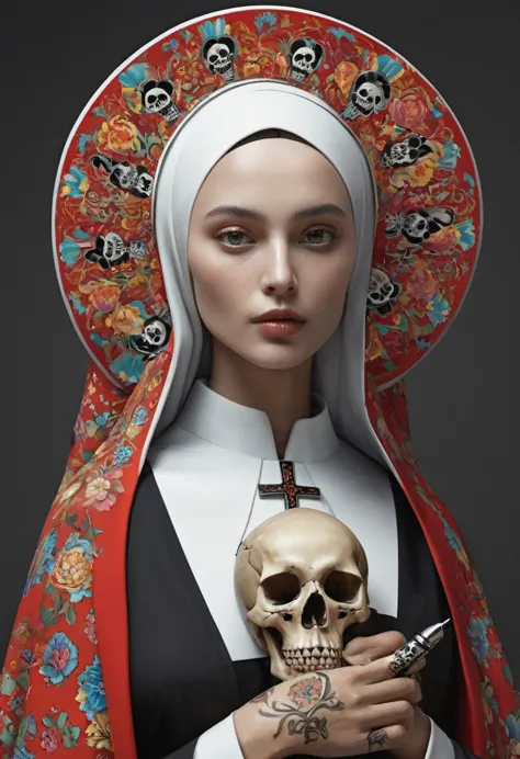 digital art in the style of patrick demarchelier. matryoshka nun, skull bones. style. 32k. hyperdetalization., sharp focus, stud...