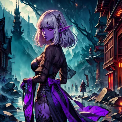 (Fantasy Illustration with Gothic & Ukiyo-e & Comic Art), (Middle-aged female DarkElves, purple skin, lavender eyes, blunt bangs...