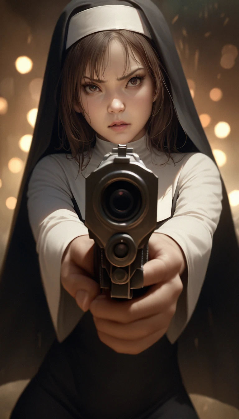 (realistic, highres, masterpiece:1.2), (full body shot:1.3), cinematic scene from a movie, nun with a gun, aiming at you wearing a black habit, shooting with determination and precision, eyes fierce and full of anger, intense and furious expression, adding a touch of film grain for a gritty feel, shallow depth of field to focus on the nun's face, creating a beautiful bokeh effect in the background, gunatyou.