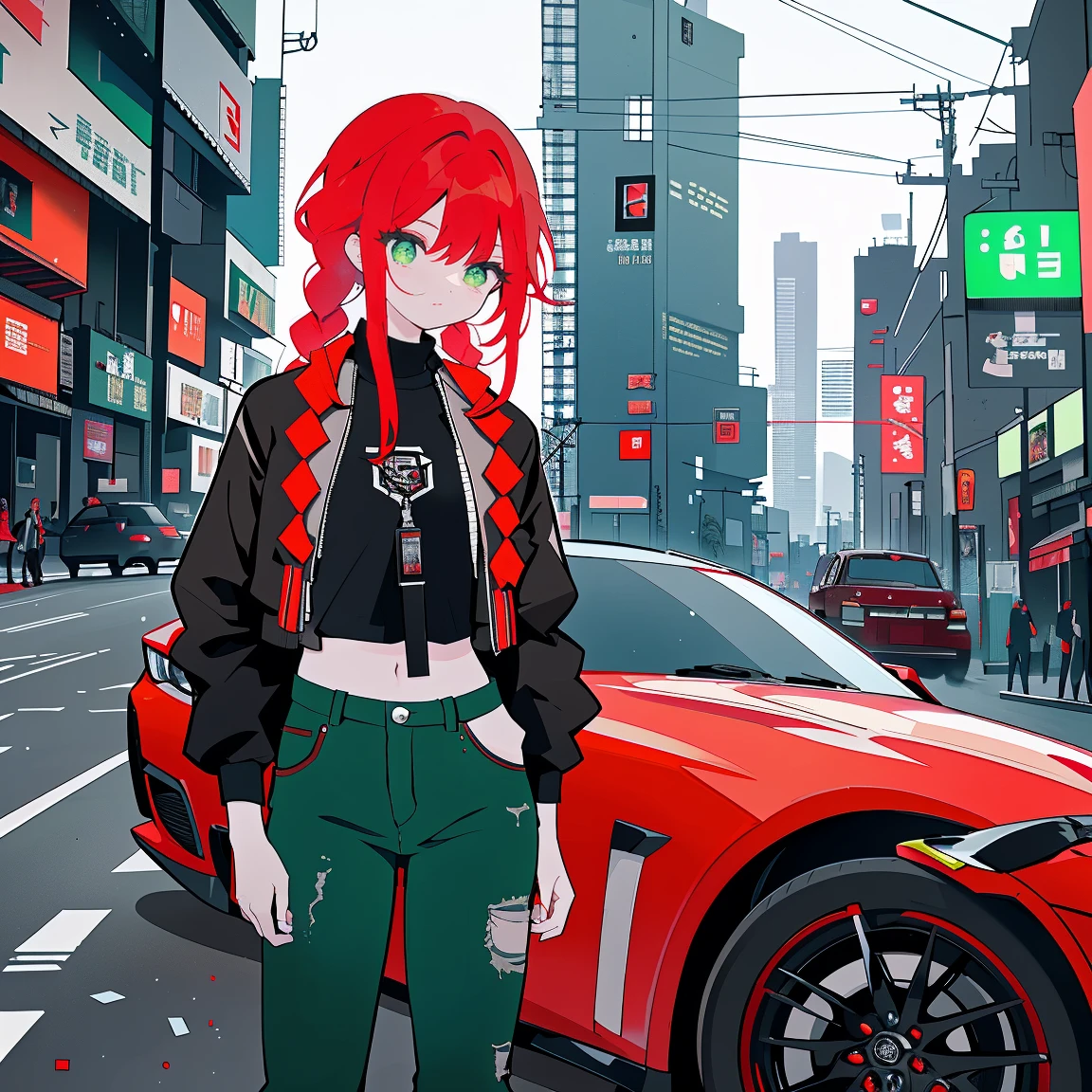 tiro de corpo inteiro, Asian woman Irina Shidou red hair with braids green eyes, em uma cidade cyberpunk, vestindo uma jaqueta bomber e um top curto e shorts jeans, ao lado de um Nissan GT-R, Tiro frontal, obra de arte, altamente detalhado