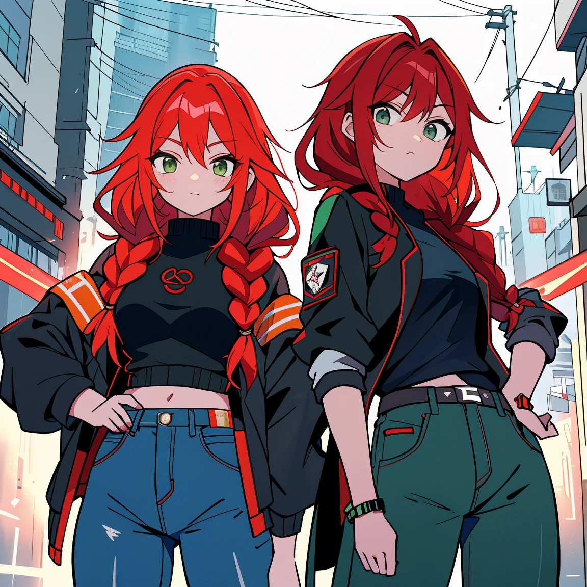 tiro de corpo inteiro, Asian woman Irina Shidou red hair with braids green eyes, em uma cidade cyberpunk, vestindo uma jaqueta bomber e um top curto e shorts jeans, ao lado de um Nissan GT-R, Tiro frontal, obra de arte, altamente detalhado