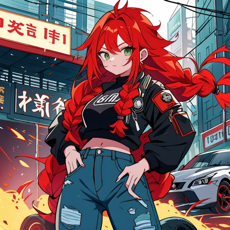 tiro de corpo inteiro, asian woman irina shidou red hair with braids green eyes, em uma cidade cyberpunk, vestindo uma jaqueta b...