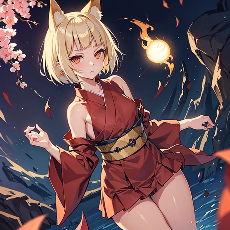  masterpiece, highest quality,kimono、bangs bangs、short hair、Loose chest、Slender、good style、beautiful girl、slender、fox ears、demon fox、small breasts、thin waist、sexy、Bewitching、beautiful legs、