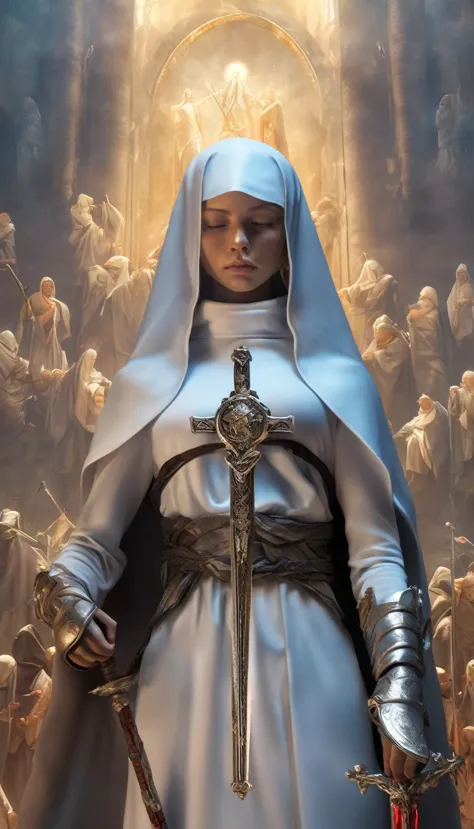 (realistic, highres, masterpiece:1.2), a young woman, beautiful, she is a nun, she also belongs to a secret society of warriors,...