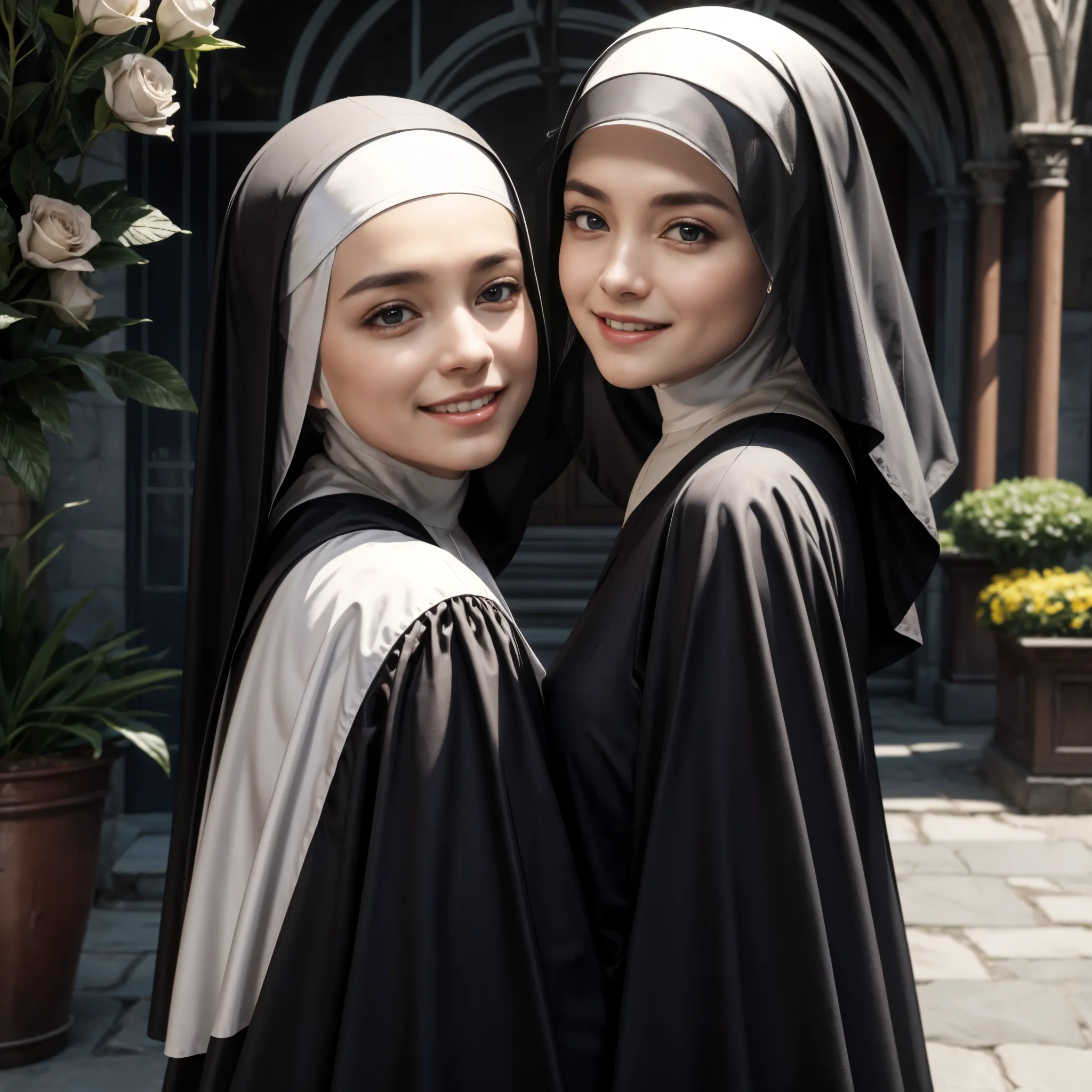((Nuns wearing nun dresses and nun caps in church)),perfect anatomy,gorgeous color grading,masterpiece,8k,high detail,perfect hand,full body,Exquisite facial features,the perfect face,(Realism：1.4),cinematic lighting