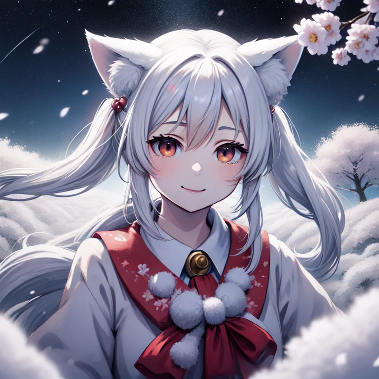 1 girl, , long hair, low twin tails, fuzzy twin tails, white hair, fox ears, animal ear fluff, Fox Eyes, cherry blossoms, spring,night, portrait, shrine，Red and white collar，Has a big bell，cherry blossoms吹雪，Fluffy，fox tail，smile，Raw photo，highest quality, ultra high resolution, fantastic starry sky、Miko costume