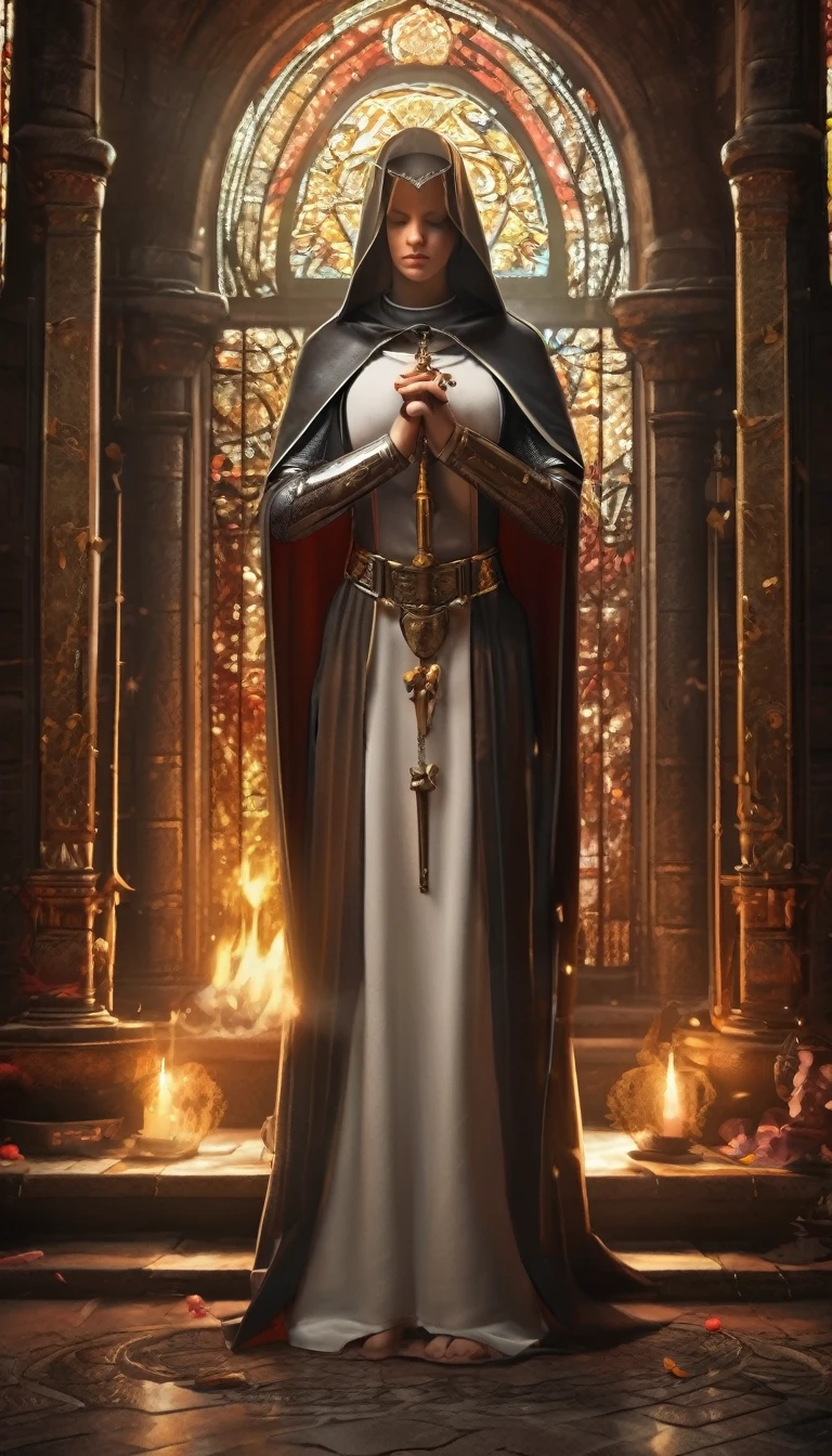 (realistic, highres, masterpiece:1.2), a young woman, beautiful, she is a nun, she also belongs to a secret society of warriors, dressed in sacred armor with religious emblems, on her head a religious veil, in her hand she holds a large sword, in the other hand she holds a rosary, bowed head in prayer, tense aura before the battle with demons, immersive background of the monastic armory, ultra-detailed