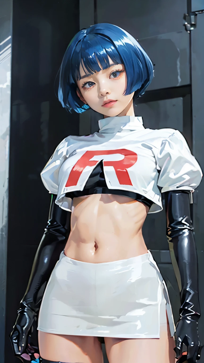 (masterpiece,highest quality,In 8K,Super detailed,High resolution,Realistic,absolutely:1.2),(The woman is squatting down with her legs apart and standing on her toes:1.5),(photographed alone:1.5), (A beautiful woman wearing Team Rocket's white uniform,A large red letter R is drawn on the chest of the jacket:1.5),(A woman with a very cute face:1.4),(Cool face with Japanese-like narrow eyes:1.4), (bowl cut, blue hair color:1.5),(accurate hands:1.4),(woman&#39;s hand:1.2),(cowboy shot:1.5),(overlook:1.5), (20 year old Japanese woman,clothing that fits,Make your skirt very short, Black patent leather gloves, Black patent leather long boots:1.3), (secret society hideout), (camel toe:1.3), (The upper body is thin:1.4), (flat chest:1.4), (big butt, thick thighs:1.4), (A is being looked at from below.:1.4)