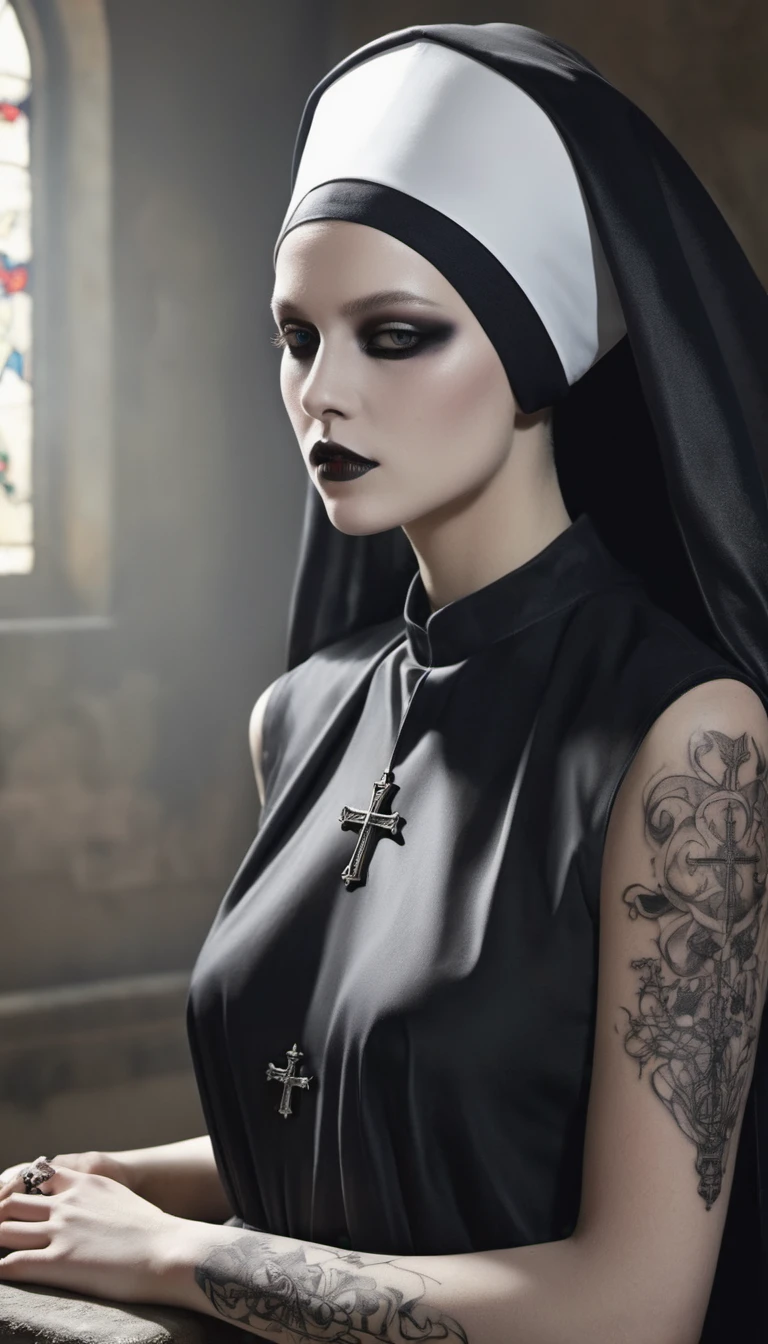 Digital art, nun in the style of Patrick Demarchelier.  nun Black makeup .Transparent chiffon cassock, Gothic tattoo with crosses and wings. Nails with crosses. style. , sharp focus, studio photo, ultra hd, realistic, vivid colors, highly detailed, pen and ink, perfect composition, beautiful detailed intricate insanely detailed octane render trending on artstation, 8k artistic photography, photorealistic concept art, soft natural volumetric cinematic perfect light. High Resolution, High Quality, Masterpiece
